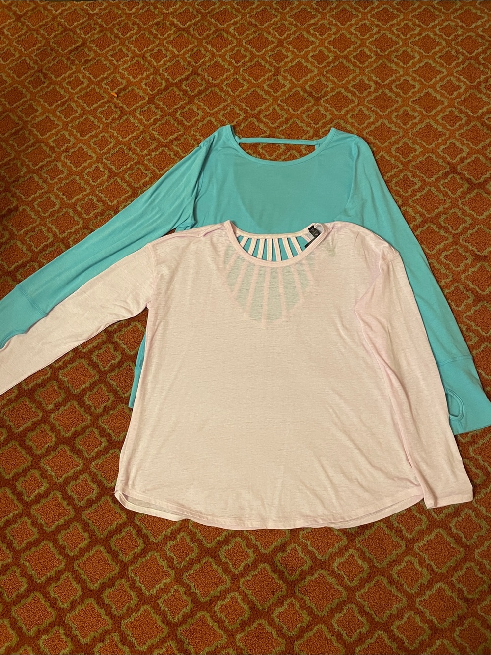 Two Long Sleeve Scoop Neck Tops in Light Pink and Teal